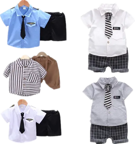 Conjunto de roupas infantis para meninos, calças e camisas de gola virada para baixo, 2 peças, verão 2024, ideal para crianças