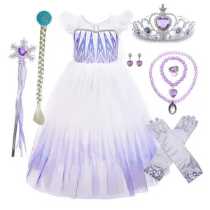 Groothandel 3-10 Jaar Princess Snow Queen Elsa Queen Jurk Met Accessoires Kroon Gevlochten Wand HCGD-029