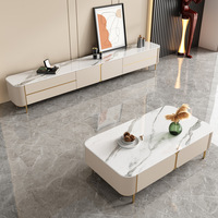 Meuble TV moderne pour salon avec plateau en pierre frittée et ensemble table basse