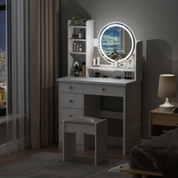Table de maquillage moderne au design simple avec miroir LED rond lumineux en chêne, avec siège et tiroir, pour chambre d'hôtel