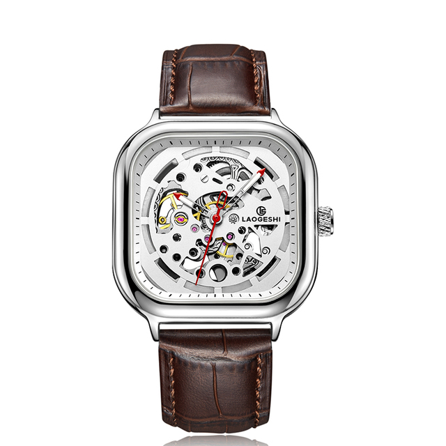 Skeleton Square Watches Leather Watch Strap Casual Business Automatic Mechanical Watches for Men