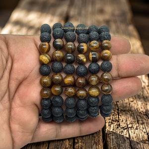 Bracelet ajustable en pierre de lave polie et œil de tigre, perles en pierre naturelle, diffuseur d'aromathérapie Feng Shui, bijoux du Gujarat - Product Image 6