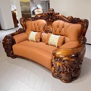 Hand Carved Wood Sectional <b>Sofa</b> European Style PU Leather and Wood <b>Sofa</b> <b>Sets</b> for Apartment and Hotel Use - Product Image 3