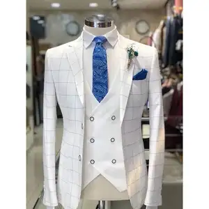 Costume Homme Plaid Bianco Notch Risvolto 2 Pulsanti Abiti Da Uomo 3 Pcs Da Sposa Sposo Terno Masculino Slim Fit Blazer Giacca + Pant + Vest