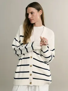 <span class=keywords><strong>Cardigan</strong></span> Casual Feminino Blubelle 100% Algodão Tricotado com Decote em V Listrado Moda Outono Inverno Respirável Longo Solto - Product Image 4
