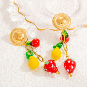 Boucles d'oreilles pendantes en acier inoxydable plaqué or 18 carats, motifs fruits (fraise, cerise, citron), pour usage quotidien EH11660 - Product Image 1