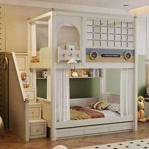 Modernes Gitterbogen-Fenster Massivholz Kinder-Etagenbett mit Aufbewahrungstreppen Schubladen Sichtschutzvorhang für Jungenzimmer - Product Image 3