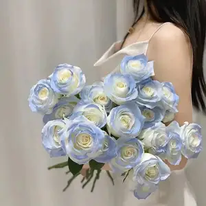 Rosa de flores artificiais azuis para meninas bonitas, flores de seda para decoração de casamento, dia dos namorados, dia dos namorados