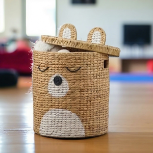 Panier de rangement cylindrique en jacinthe d'eau tressée en forme d'ours pour salon, chambre d'enfant et d'adolescent, décoratif, écologique, marron, mignon - Product Image 1