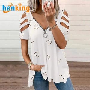 Camiseta Holgada Informal de Verano para Mujer, Moda Femenina, Estampado de Corazón, Sexy, Talla Grande, Hombro Descubierto, Cremallera, Manga Corta, Top J0035 - Product Image 2