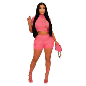 Set di pantaloni corti da donna lavorati a maglia di moda 2 pezzi Set di pantaloni da donna Set estivo aderente a vita alta 2 pezzi - Product Image 6