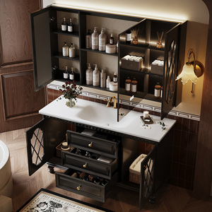Mueble de Baño de Estilo Retro Francés, Gabinete de Madera Sólida, Espejo Inteligente, Almacenamiento, Montado en la Pared, Ecológico, para Hoteles y Villas - Product Image 4