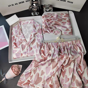 Yaz tasarım üç parçalı pembe renkler kadın pijama kısa kollu Set ipek pijama uzun pantolon ve şort pantolon 3 adet Set - Product Image 6