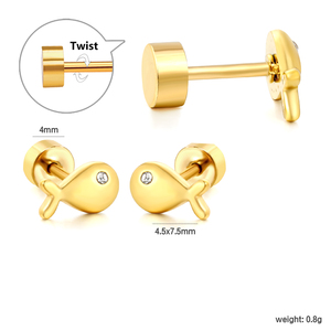 Pendientes de tuerca pequeños de acero inoxidable chapados en oro de 18 quilates con circonita cúbica en forma de ballena y pez, con cierre de rosca, al por mayor - Product Image 2