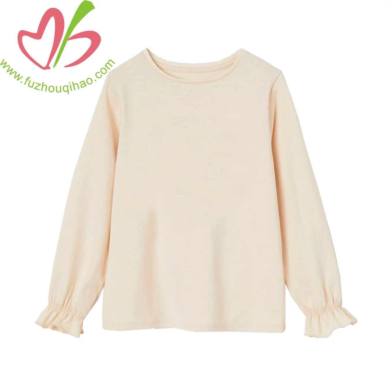 Customized Long Ruffle Sleeves Blank Solid T-shirt Top for Girls with/without Applique or Printing