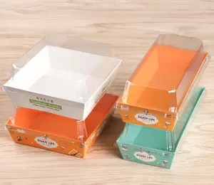 Takeaway recipiente de papel retangular, bandeja para papel de embalagem de grau alimentício, sobremesa, caixa de massa com tampa de plástico transparente