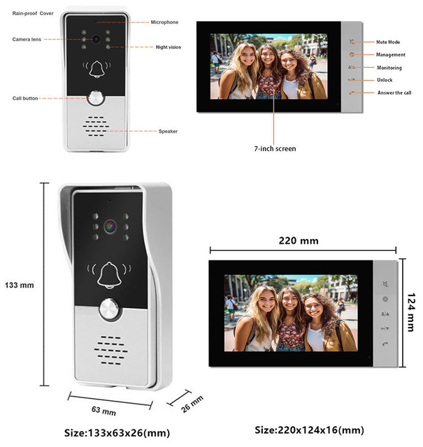 7 Inch 3 Monitor 1 Camera Video Door Phone Doorbell Intercom System for Single Family House Door Entry