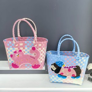 Handmade Basket <strong>Bag</strong> Cute Dog Applique Tote Multi-Color Handbag Summer Vacation <strong>Straw</strong> <strong>Beach</strong> <strong>Bag</strong> for Woven Gift Basket <strong>Bag</strong> - Product Image 2