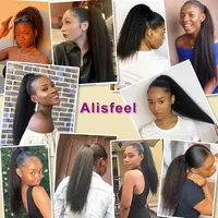 Queue de cheval brésilienne Remy Kinky Straight en cheveux humains, extension 100% naturelle, avec cordon de serrage, simple épaisseur, noir naturel # 1B Femmes