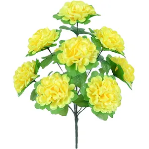 Fake Flower 9 Heads Artificial Ball Chrysanthemum With Leaves Cemetery Flowers for Graves