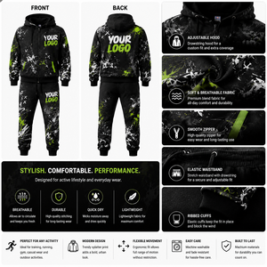 Ensemble jogging homme personnalisé, imprimé graffiti, sweat à capuche zippé et pantalon de survêtement, logo 3D en relief, poignets côtelés, streetwear urbain, ensemble de survêtement assorti - Product Image 3