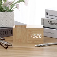 Jam Alarm Silinder Kayu Kreatif LED Kontrol Suara Desain Modern Bertenaga USB Tampilan Suhu Senyap di Samping Tempat Tidur Kamar Tidur Kantor