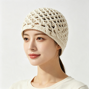 Unisex Hollow Crochet Mesh Beanie Summer Breathable Cotton Yarn Skull <b>Cap</b> Custom ACE <b>Mountain</b> Woven Label Character - Product Image 1