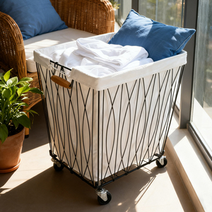 Carrito de Lavandería de Alambre Metálico Estilo Nórdico, <span class=keywords><strong>Cesta</strong></span> de Lavandería con Ruedas para Baño, Lavadero y Dormitorio - Product Image 2