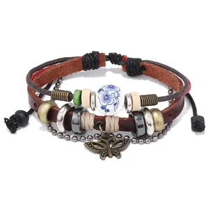 Wholesale fashion jewelry ceramics beads leather bracelet charm butterfly pendant women bracelet for men and women