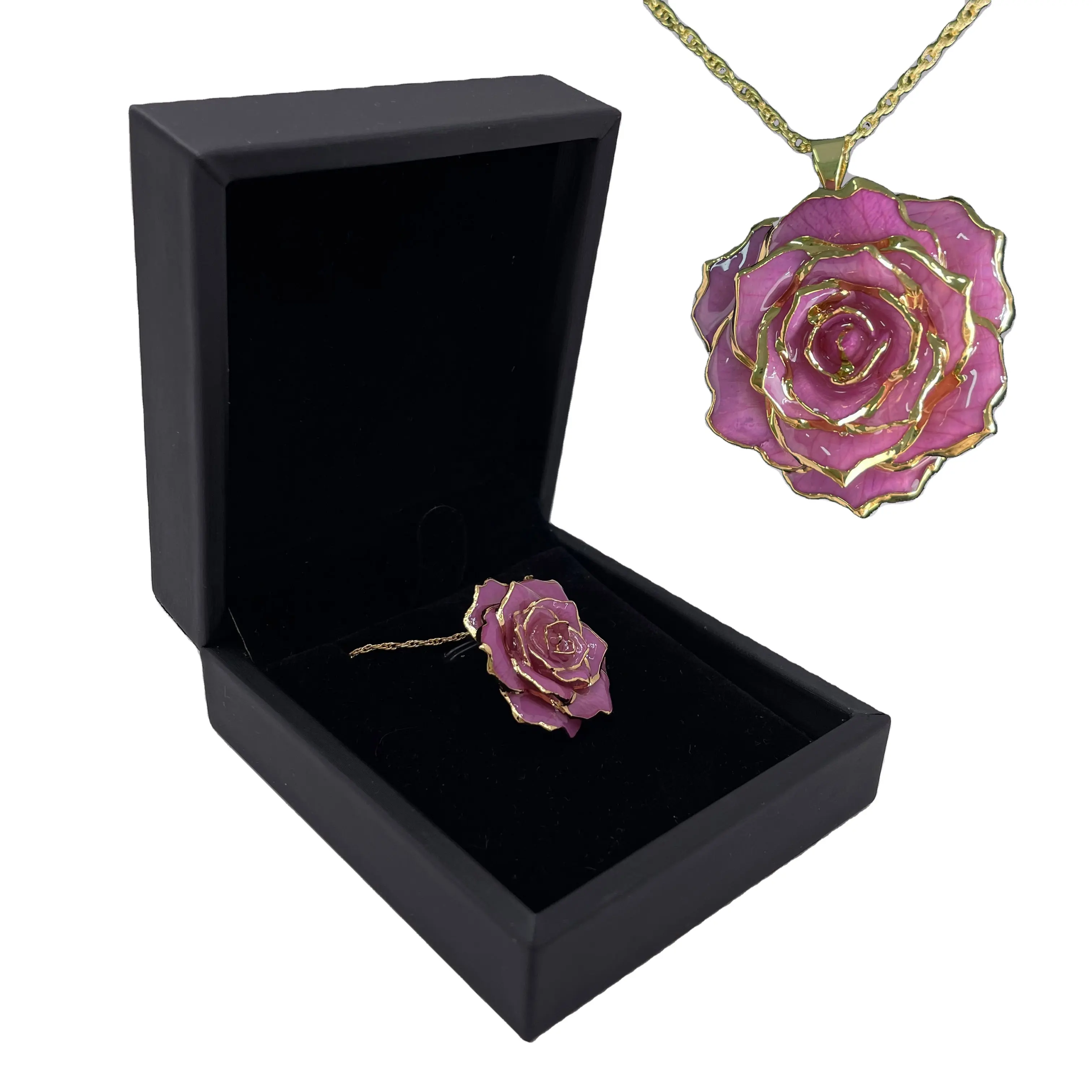 24K Gold Plated Real Rose Necklace Handmade Craft Natural Flower Jewelry Lavender color necklace Romantic gifts for ladies