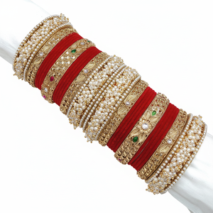 Traditional Bridal Velvet Bangle Set Kundan and Pearl Design Elegant Pearl <b>Bracelets</b> for Weddings - Product Image 2