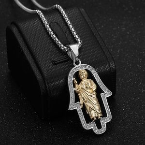 Collier pendentif main de Fatima Saint Jude en acier inoxydable plaqué or avec incrustation de diamants, bijou unisexe, cadeau - Product Image 4