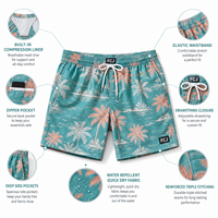 Shorts de bain pour hommes à imprimé palmier vert sarcelle, résistants à l'eau, avec doublure de compression, fabrication sur mesure