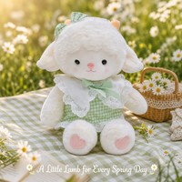 Adorable peluche agneau blanc avec robe à carreaux et col en dentelle, jouet en peluche mouton doux et kawaii pour cadeau Cottagecore