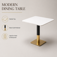 Table à manger carrée moderne de luxe en marbre blanc mat avec base noire dorée pour restaurant, hôtel, café, appartement