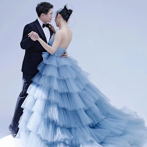 Blue Tiered Tulle Ball Gown Wedding Dress Strapless Natural Waistline Studio Photography Outfit - Product Image 2