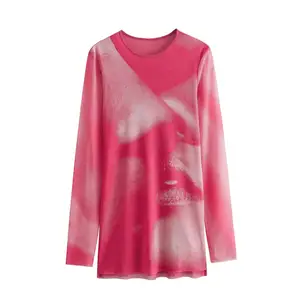 PB&ZA Women 2024 summer New Fashion Spun Silk Screen T print Blouses Vintage Long Sleeve Female Shirts Chic Tops