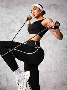 Leggings Yoga Neri a Vita Alta, Senza Cuciture, Traspiranti, Elasticizzati in Quattro Direzioni, Pantaloni Sportivi a Lunghezza Intera - Product Image 2