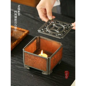 Chinese Handmade Antique Tin Rock <b>Tea</b> Warmer Square Copper Candle Heated <b>Tea</b> Brewer For <b>Tea</b> <b>Set</b> - Product Image 3