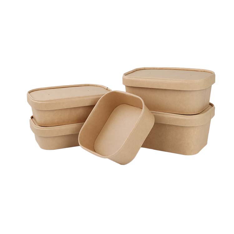 Disposable Kraft Paper Square Rectangular Box Takeaway Lunch Fast Food Box Eco Friendly Salad Packing Bowl With Lid