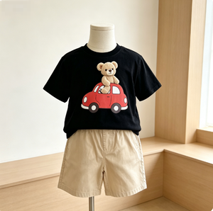 เสื้อยืดแขนสั้นผู้ชายสีดำ ลายหมีการ์ตูน ผ้าคอตตอนเจอร์ซีย์ลำลอง มีกระเป๋า - Product Image 4