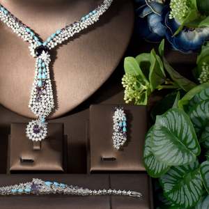 Bijoux multicolores de style antique Nouveau 4 pièces Collier Boucles d'oreilles Cubic Zirconia Set Bridal Wedding Party Accessories S-232 - Product Image 3