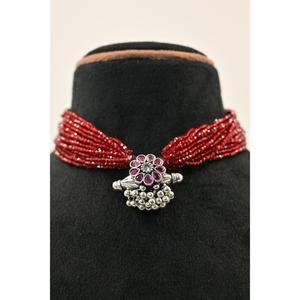 Vintage 925 <b>Silver</b> Oxidised Jantar Beaded Necklace Natural Stone Crystal Claw Setting Inlay Women's Ethnic Statement Jewelry - Product Image 1