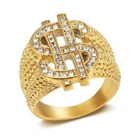 Nouvelle bague unisexe hip-hop transfrontalière, tendance Europe-Amérique, plaquée or, design dollar exagéré entièrement serti de diamants