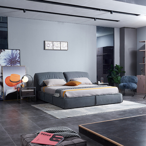 Marco de cama con orejas de <span class=keywords><strong>elefante</strong></span> de madera maciza de estilo minimalista, conjunto de muebles de dormitorio de tela mate de cuero, juego de cama de dormitorio Baxter personalizado - Product Image 1