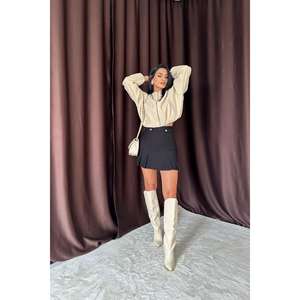 Wholesale Straight Casual <b>Black</b> Pleated <b>Skirt</b> Button Detail XS Size Viscose Rayon Spandex Fabric Formal <b>Plain</b> Print Natural - Product Image 4