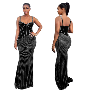 Venta al por mayor elegante Formal Sexy vestidos de noche para las señoras Slim Beaded vestidos de cintura caída de diamantes transpirable ropa de verano - Product Image 1