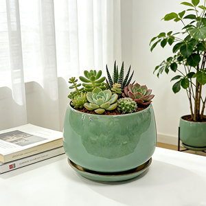 Juego de 3 Macetas para Hierbas con Bandeja, Macetas de Cerámica Verdes para Jardín Interior y Exterior, para Cocina, <span class=keywords><strong>Ventana</strong></span>, Balcón - Product Image 2