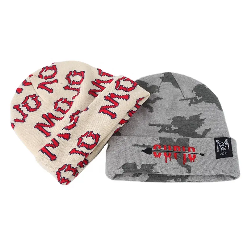 wholesale cheap beanies with custom print jacquard logo all over the hat