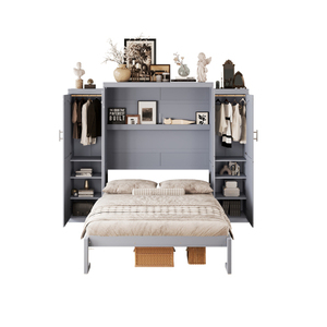 เตียงพับติดผนังแบบเต็มขนาดพร้อมตู้เสื้อผ้าและชั้นวางของ โครงเตียงพับได้สำหรับห้องรับแขกและห้องนอน - Product Image 6